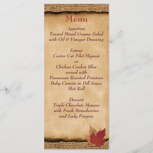 Herfstbladeren FAUX Burlap Wedding Menu Kaart - Wi (Achterkant)
