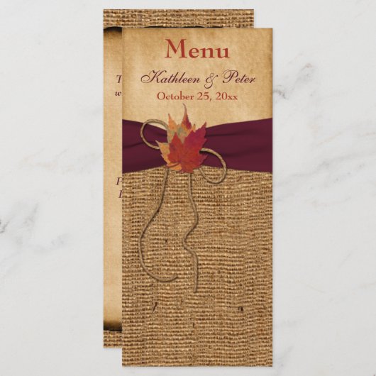 Herfstbladeren FAUX Burlap Wedding Menu Kaart - Wi (Voorkant / Achterkant)