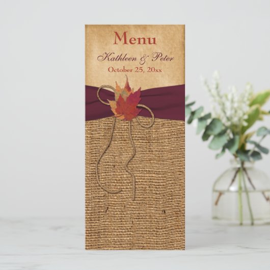 Herfstbladeren FAUX Burlap Wedding Menu Kaart - Wi (Staand voorkant)