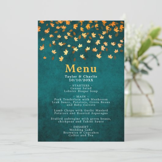 Herfstbladeren Goud en Blauwgroen Blauw Bruiloft Menu (Staand voorkant)