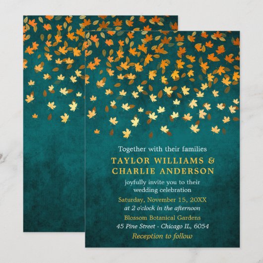 Herfstbladeren Grunge Gold en Blauwgroen bruiloft Kaart (Voorkant / Achterkant)
