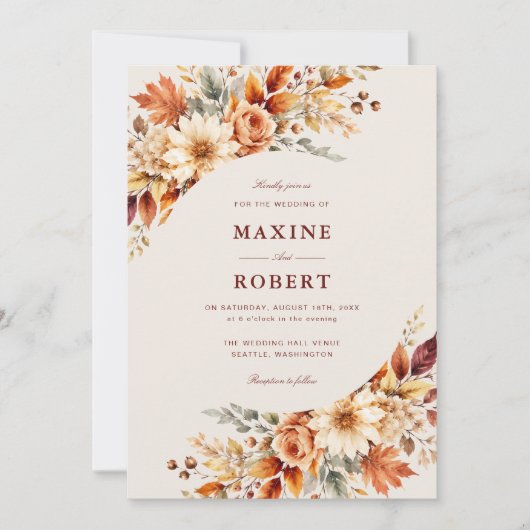 Herfstbladeren Herfst Botanische Aquarel Bruiloft Kaart (Voorkant)