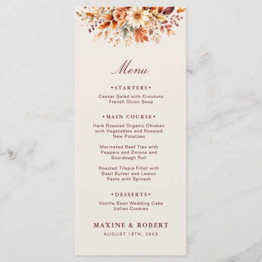 Herfstbladeren Herfst Botanische Aquarel Bruiloft Menu (Voorkant)