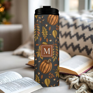 Herfstbladeren Herfst Pompoen Patroon Monogram Thermosbeker