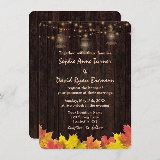 Herfstbladeren Hout Oude Lantaarns Trouw Uitnodigi Kaart (Voorkant / Achterkant)
