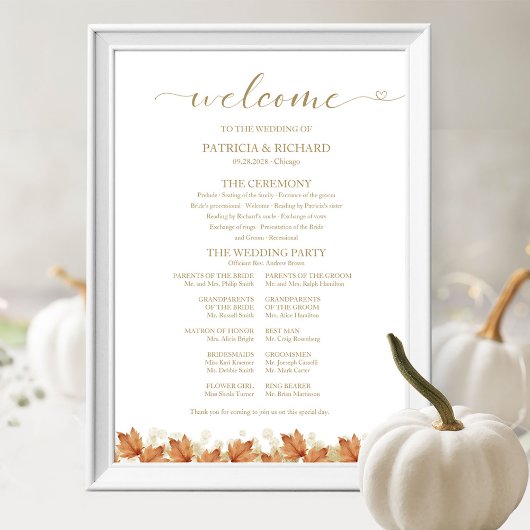 Herfstbladeren Huwelijksprogramma Bord Poster