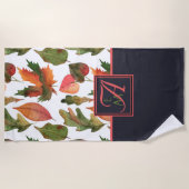 Herfstbladeren met monogram Blauw Oranje Herfstdec Strandlaken (Voorkant)
