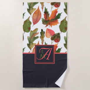 Herfstbladeren met monogram Blauw Oranje Herfstdec Strandlaken