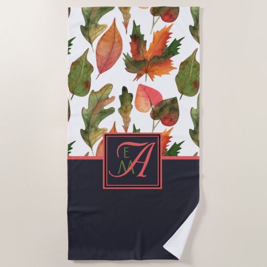Herfstbladeren met monogram Blauw Oranje Herfstdec Strandlaken (Voorkant)