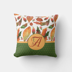 Herfstbladeren met monogram Oranje Groene Decorati Kussen