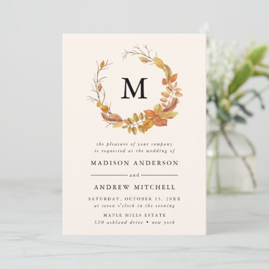 Herfstbladeren | Monogram bruiloft uitnodiging (Staand voorkant)