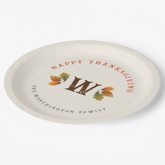 Herfstbladeren Monogram Thanksgiving Diners Papieren Bordje (Gekanteld)