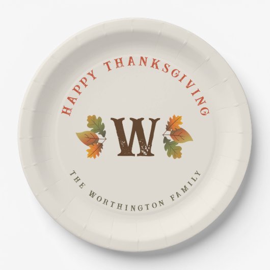 Herfstbladeren Monogram Thanksgiving Diners Papieren Bordje (Voorkant)