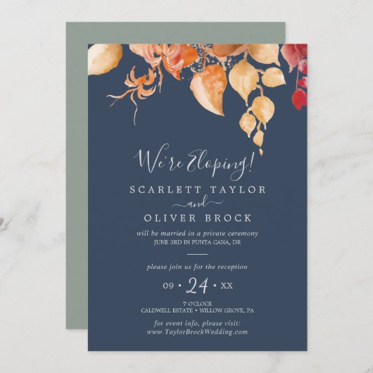 Herfstbladeren | Navy Blue Elopement Ontvangst Kaart (Voorkant / Achterkant)