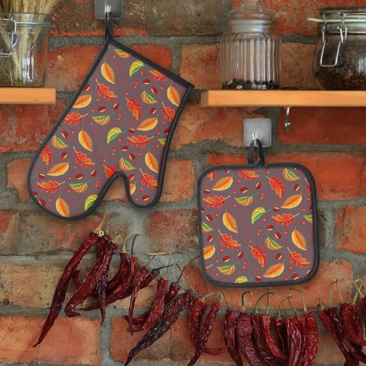 Herfstbladeren Noten Kastanjes Patroon Elegante He Ovenwant & Pannenlap Set