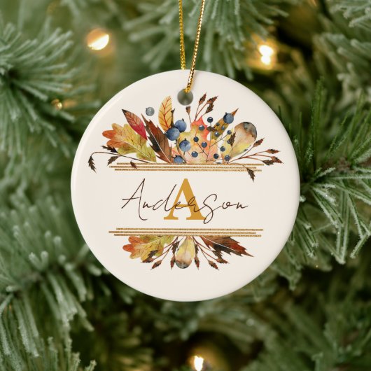 Herfstbladeren omlijsten gepersonaliseerd keramisch ornament (Boom)