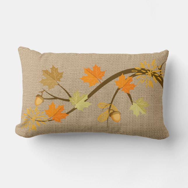 Herfstbladeren op namaak jute kussen (Voorkant)
