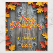 Herfstbladeren op rustieke houten Onderdak Thanksg Wijn Etiket (Enkel label)