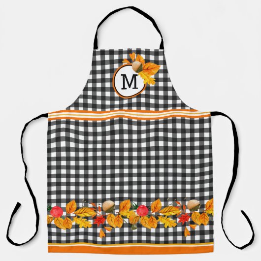 Herfstbladeren op zwarte Gingham Monogram Schort (Voorkant)
