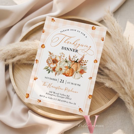 Herfstbladeren Pompoen Gingham Thanksgiving Feest Kaart