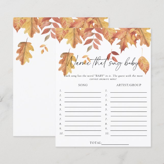 Herfstbladeren - Raad die song baby shower spel (Voorkant / Achterkant)