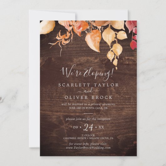 Herfstbladeren Rustic Bruin Hout Elopement Recepti Kaart (Voorkant)