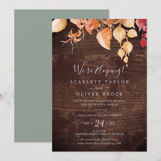 Herfstbladeren Rustic Bruine Hout Elopement Ontvan Kaart (Voorkant / Achterkant)