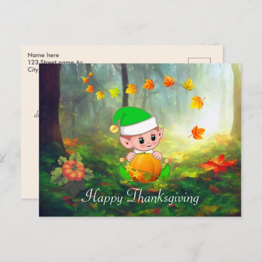 Herfstbladeren & Schattigee Elf Thanksgiving Brief Briefkaart (Voorkant / Achterkant)