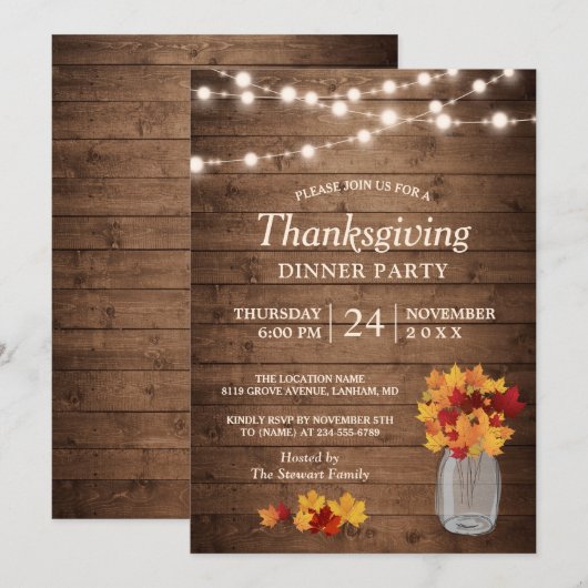 Herfstbladeren Snaar Lichtjes Thanksgiving Diner Kaart (Voorkant / Achterkant)