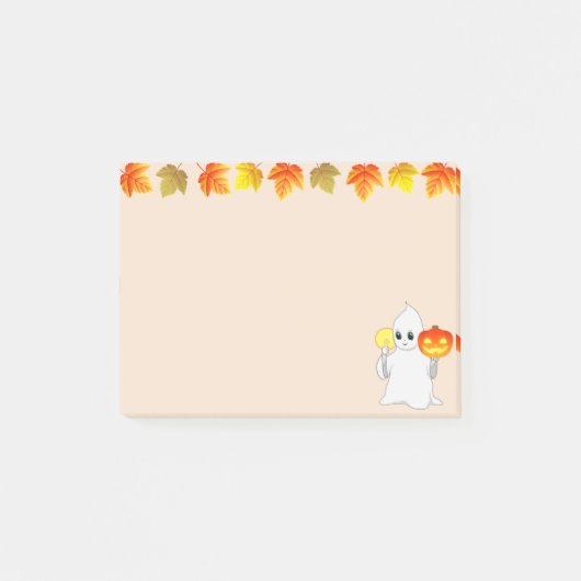 Herfstbladeren, spook, pompoen en kaars op beige post-it® notes (Voorkant)