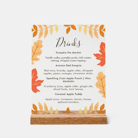 Herfstbladeren Thanksgiving Drinken Menu Acryl Bord (Voorkant)