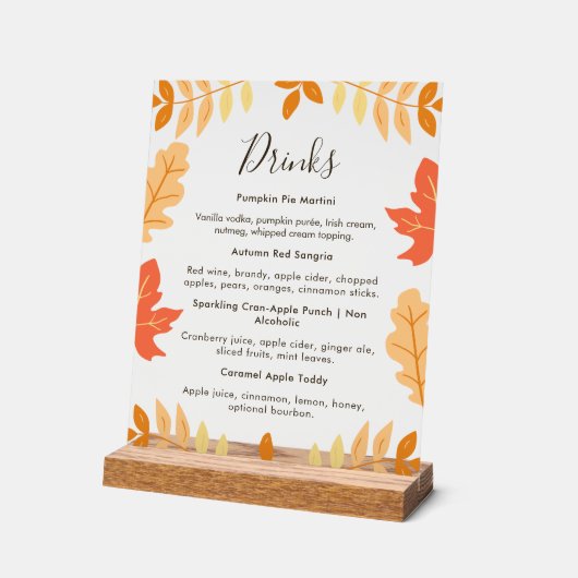 Herfstbladeren Thanksgiving Drinken Menu Acryl Bord (Hoek)
