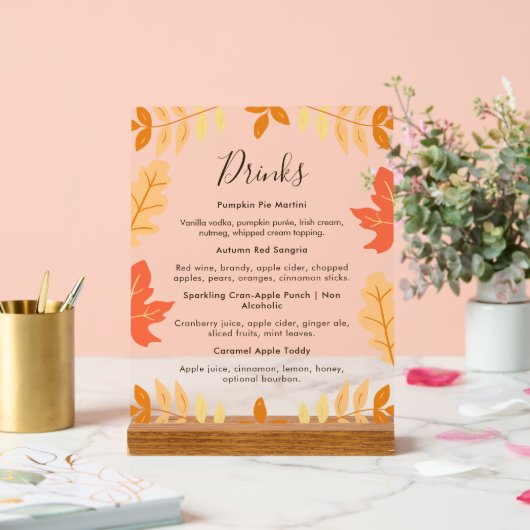 Herfstbladeren Thanksgiving Drinken Menu Acryl Bord (Huwelijk)