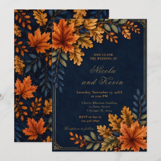 Herfstbladeren Trouwen Navy Kaart (Voorkant / Achterkant)