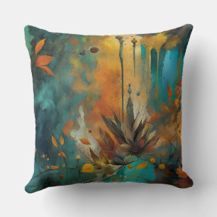 Herfstbladeren verf Blauwgroen Rust Gold Abstract Kussen