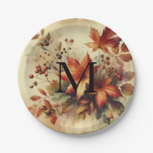 Herfstbladeren vintage aquarel herfstkleuren  papieren bordje