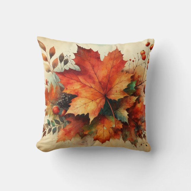 Herfstbladeren  waterverf herfstkleuren kussen (Voorkant)