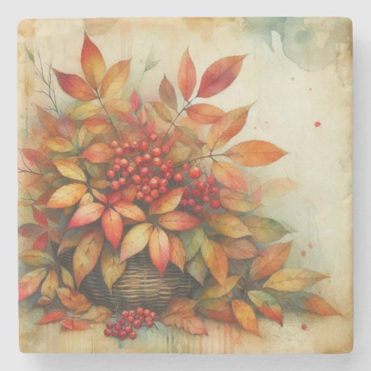 Herfstbladeren waterverf herfstkleuren stenen onderzetter (Voorkant)