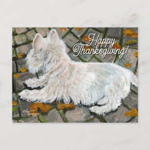 Herfstbladeren Westie op patio Feestdagenkaart