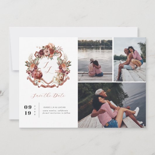 Herfstbloei | Floral Crest Wedding 4 Foto Save The Date (Voorkant)