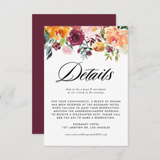 Herfstbloei Garland Herfstval Bruiloftsdetails Informatiekaartje (Voorkant / Achterkant)