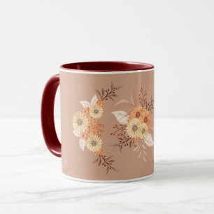 Herfstbloei – Warme Beige en Oranje Bloemkunst Mok