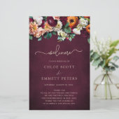 Herfstbloemen bordeauxrode huwelijksceremonieprogr (Staand voorkant)