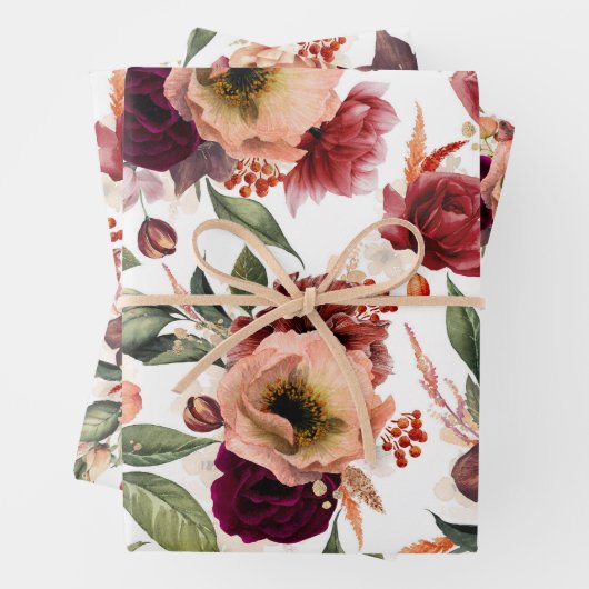 Herfstbloemen Bourgondiërood Oranje Botanisch Bloe Inpakpapier Vel (In situ)