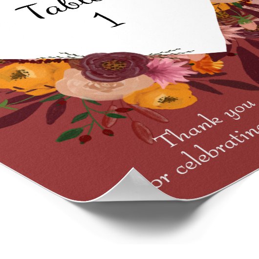 Herfstbloemen Bruiloft Tafel Nummer Poster (Hoek)