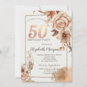 Herfstbloemen, champagneglas goud 50e kaart (Voorkant)