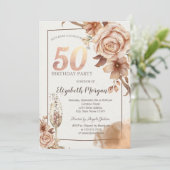 Herfstbloemen, champagneglas goud 50e kaart (Staand voorkant)