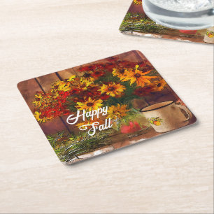 Herfstbloemen en mok met aanpasbare tekst kartonnen onderzetters