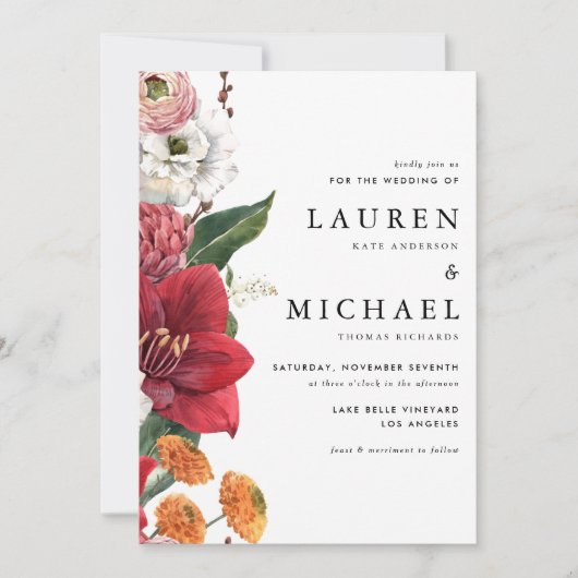 Herfstbloemen met rode amaryllis bruiloft kaart (Voorkant)