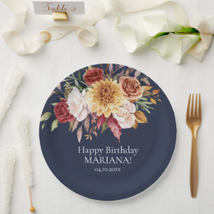 Herfstbloemen Navy Blue Verjaardagsfeest Papieren Bordje